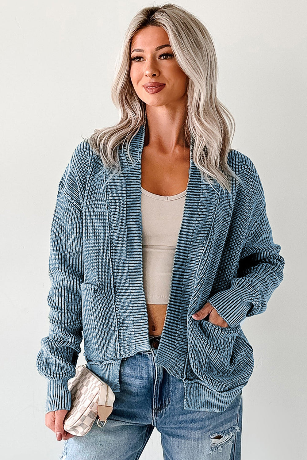 Chestnut Mineral Wash Exposed Seam Patchwork Knit Open Sweater Cardigan
