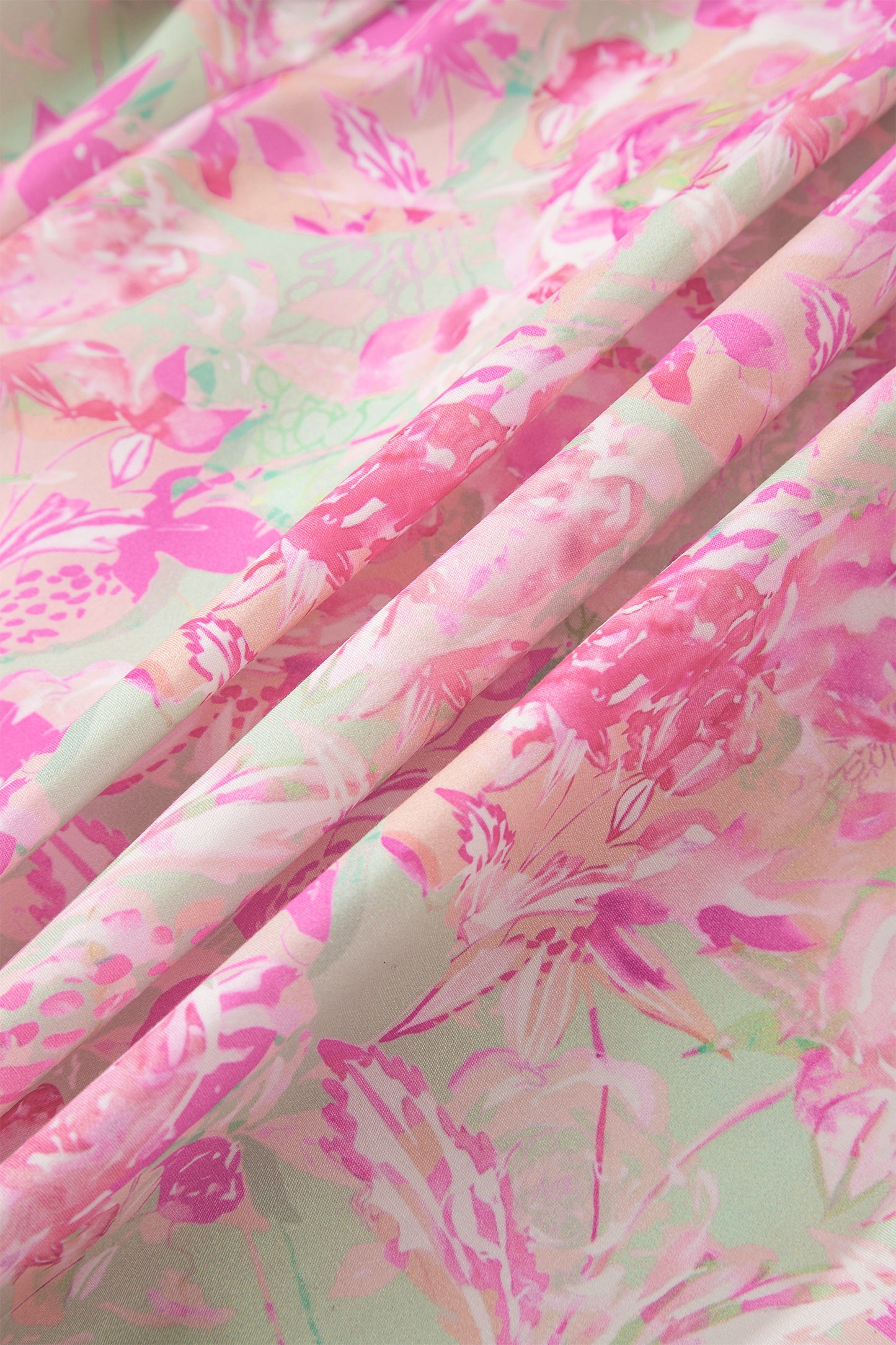 Pink Ribbon Knot Front Floral Short Puff Sleeve Blouse