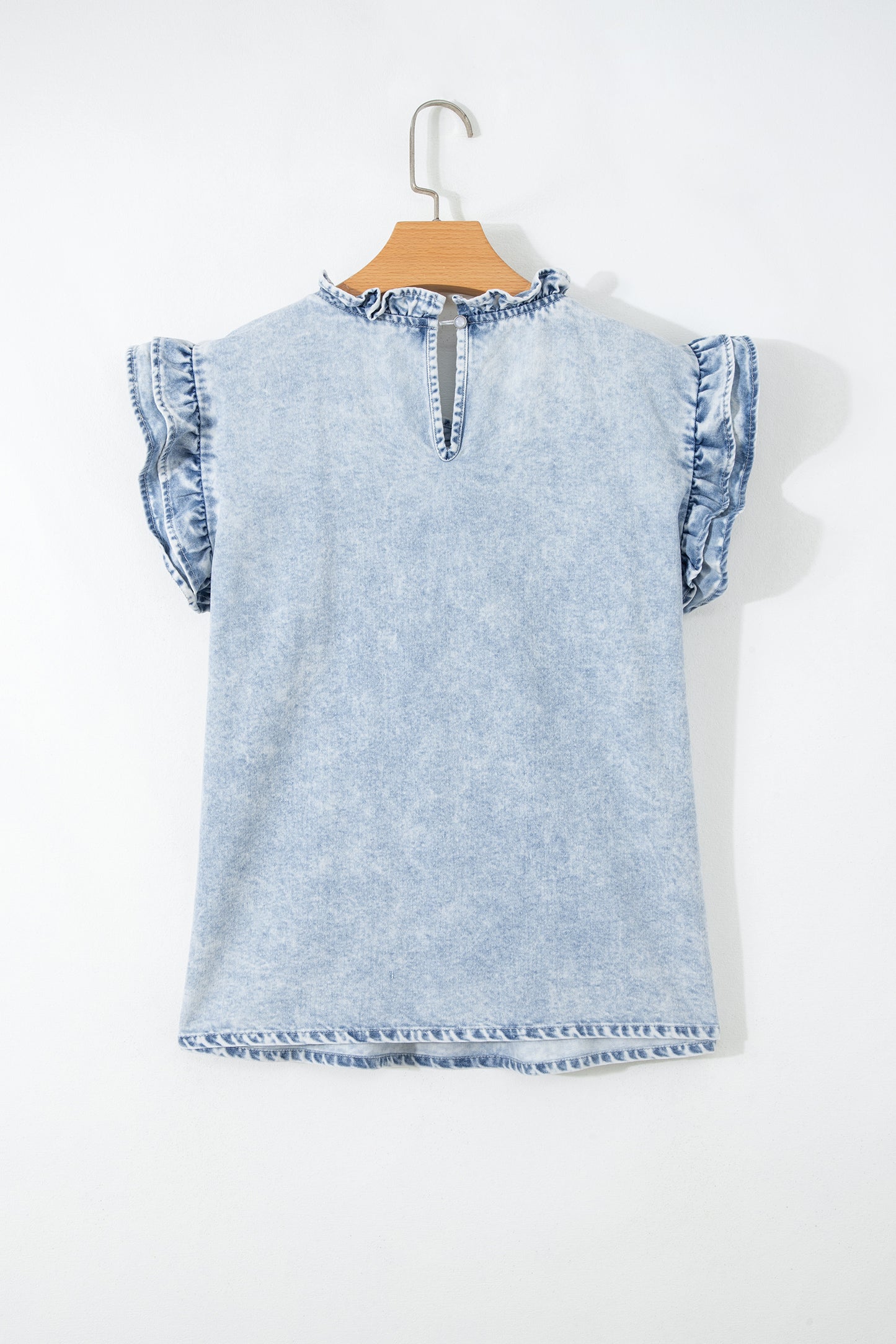 Beau Blue Ruffle Pleated Detail Vintage Washed Denim Top
