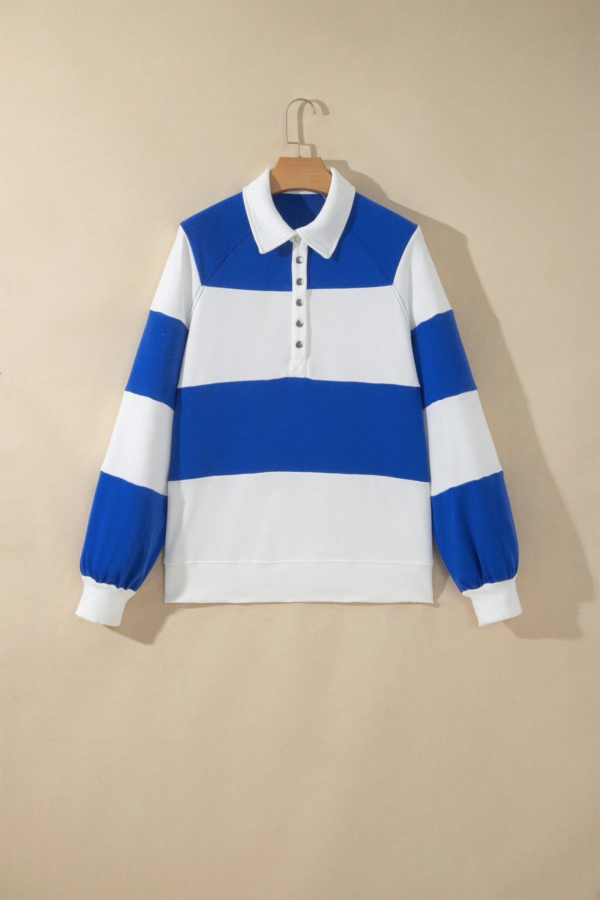 Dark Blue Striped Color Block Button V Neck Puff Sleeve Casual Sweatshirt