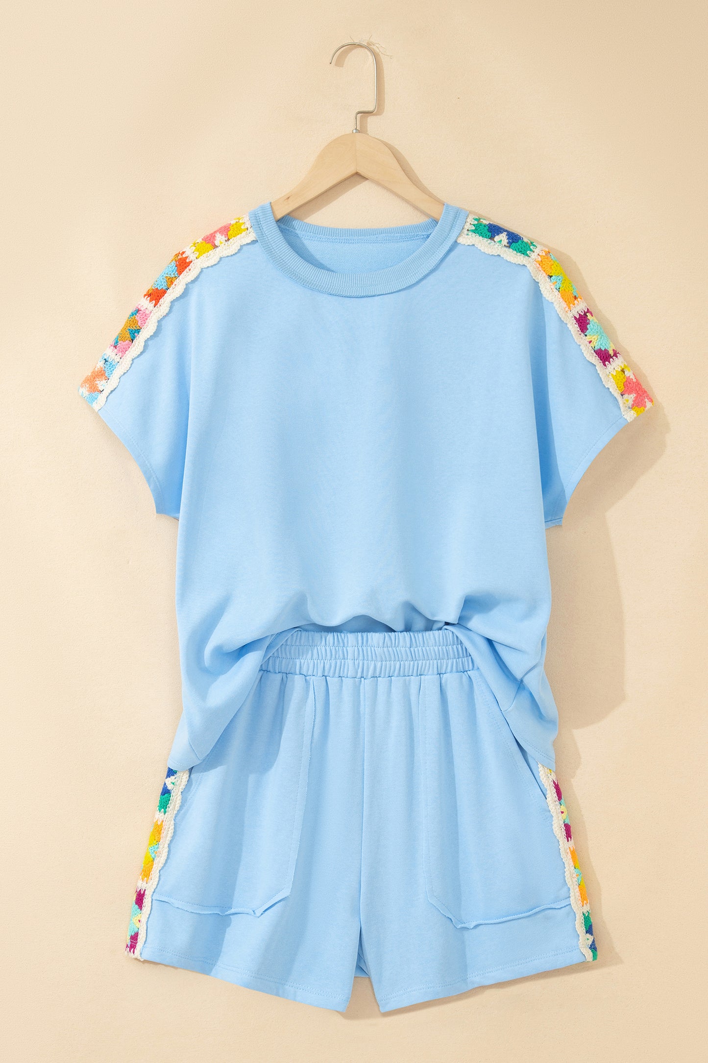 Solid Cotton Short Set Crochet Trim Lounge Outfit