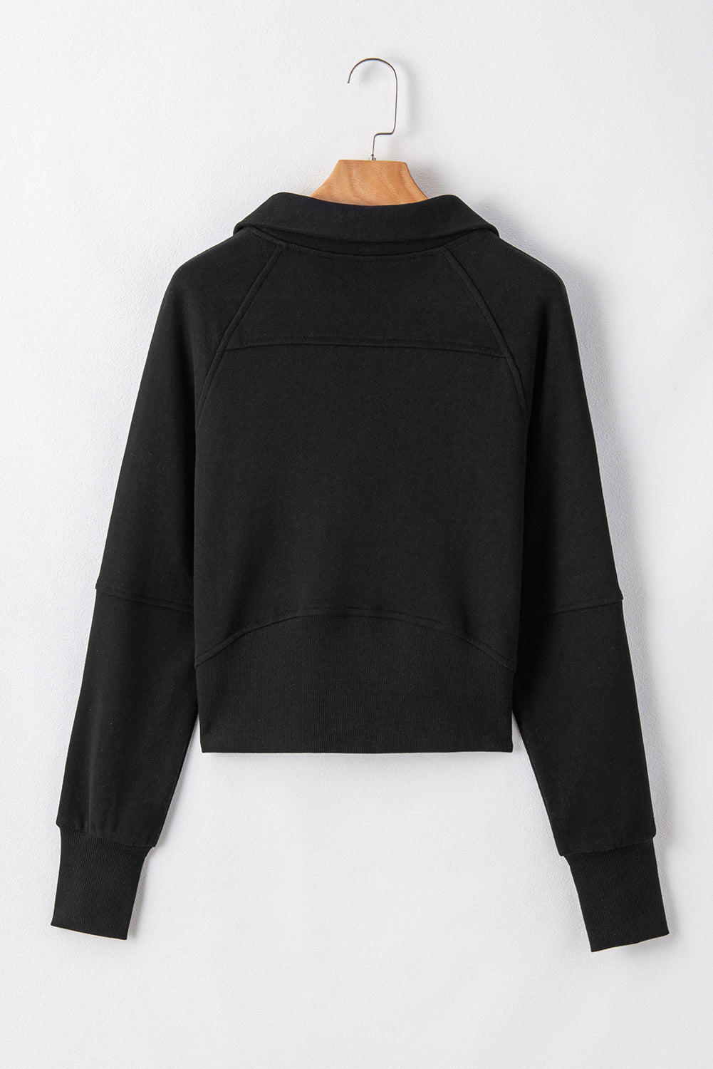 Black Zip Up Stand Collar Ribbed Thumbhole Sleeve Sweatshirt