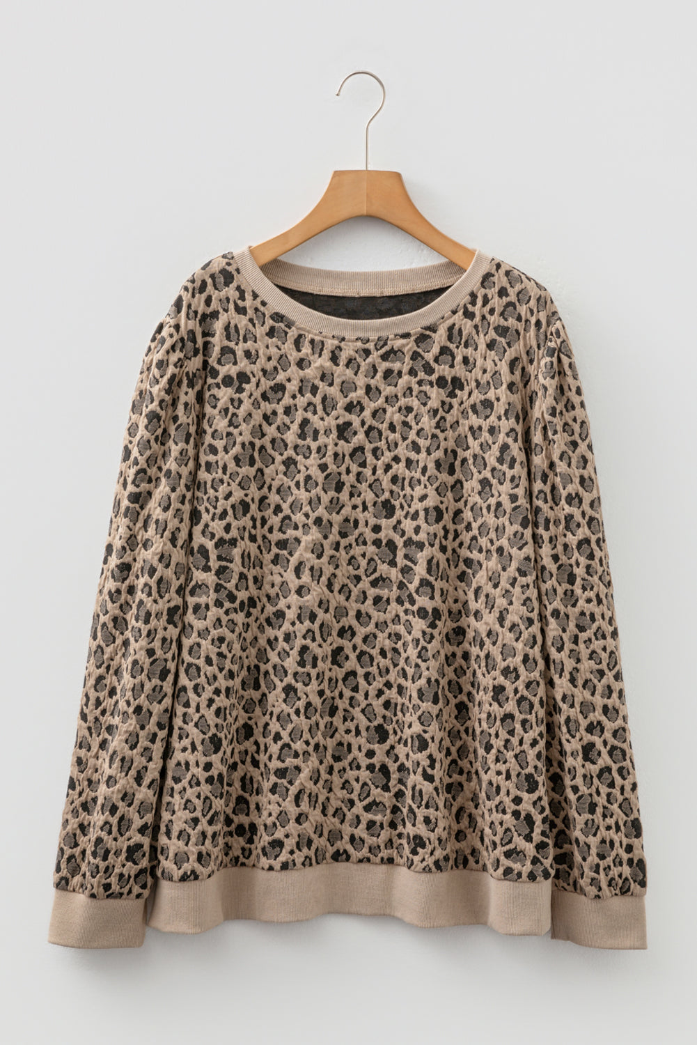 Khaki Leopard Textured Ribbed Trim Plus Size Long Sleeve Top