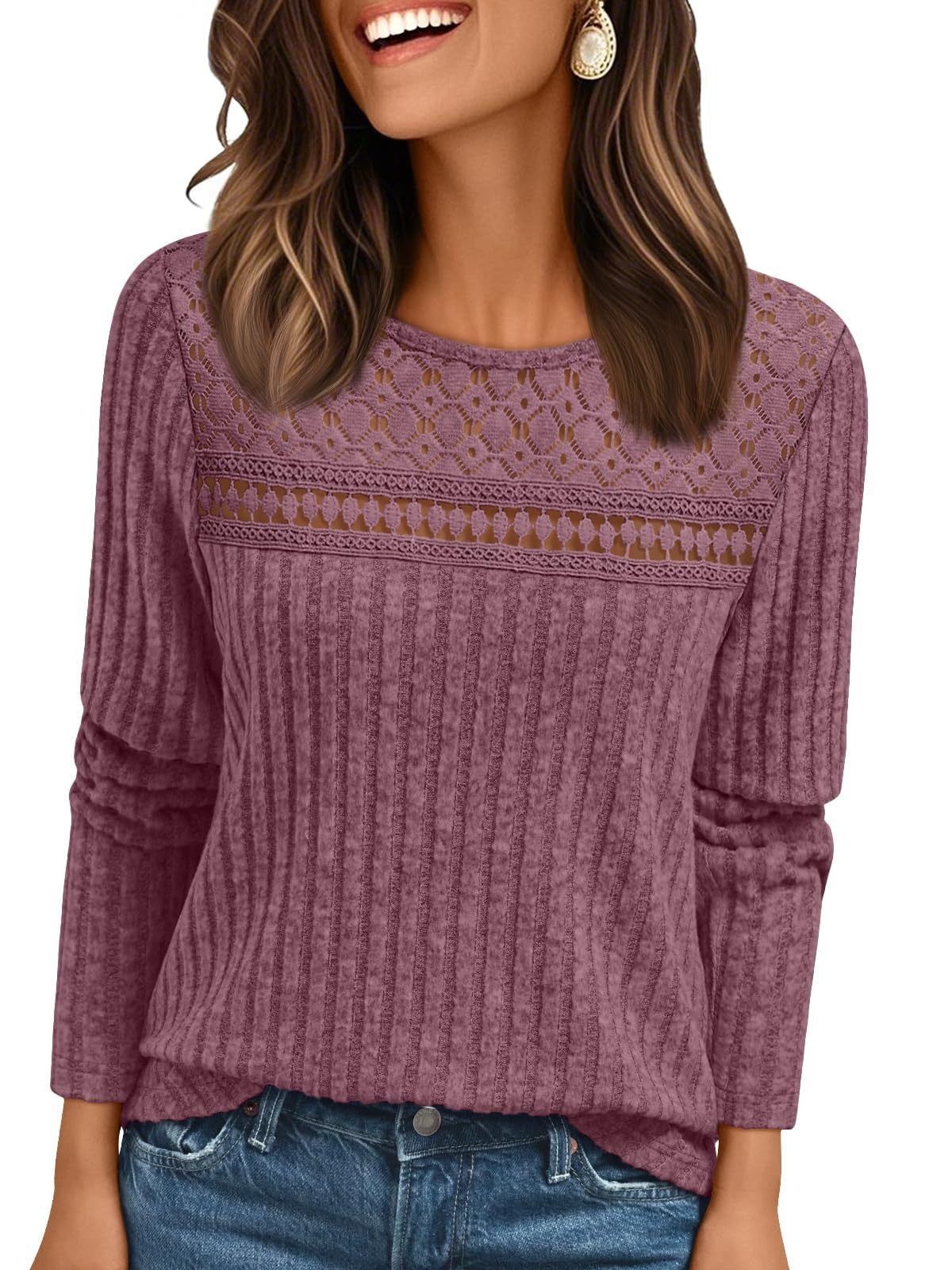 Solid Ribbed Top Casual Lace Long Sleeve Boutique