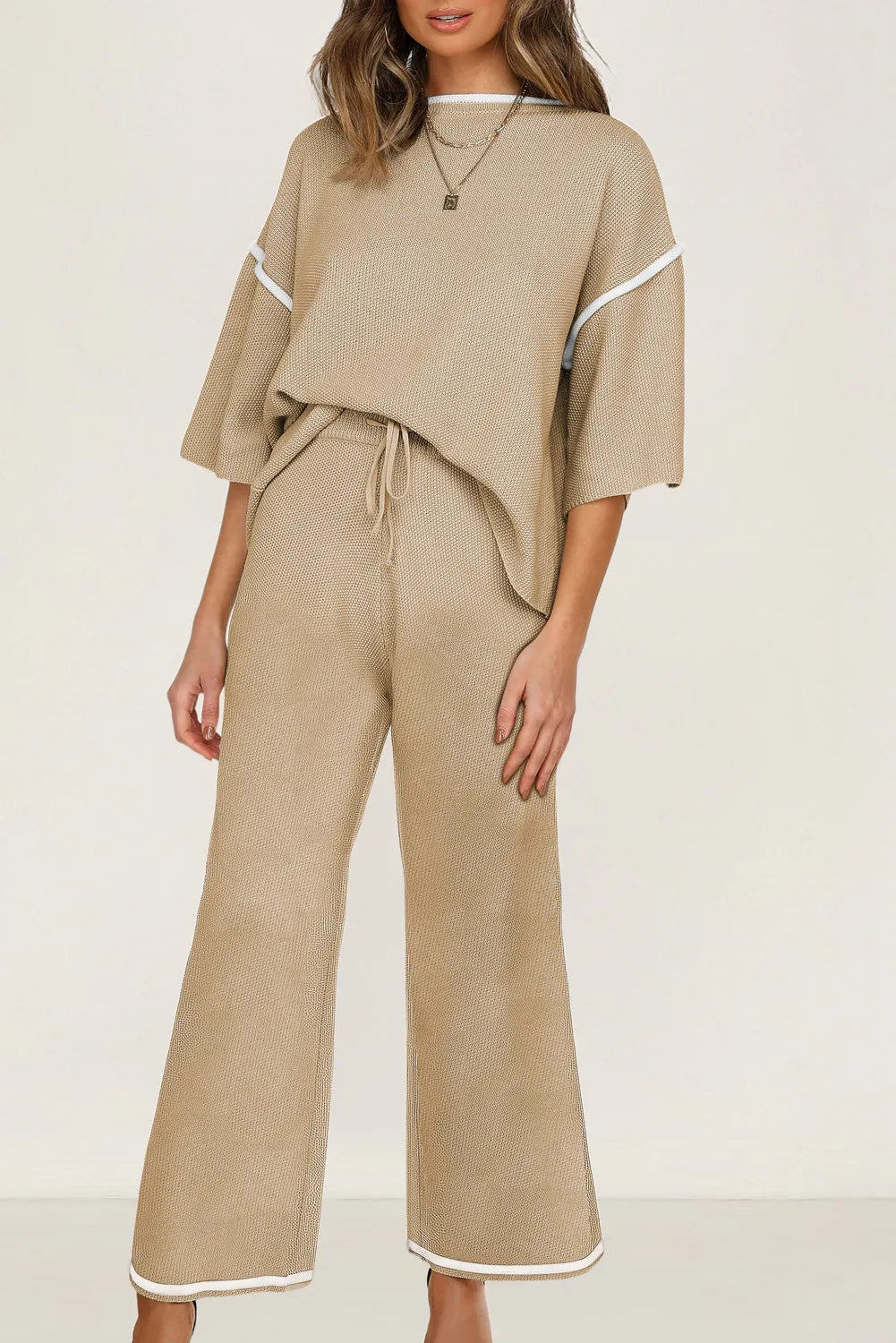 Camel Contrast Trim Half Sleeve Top Drawstring Pants Loose 2pcs Sweater Suit