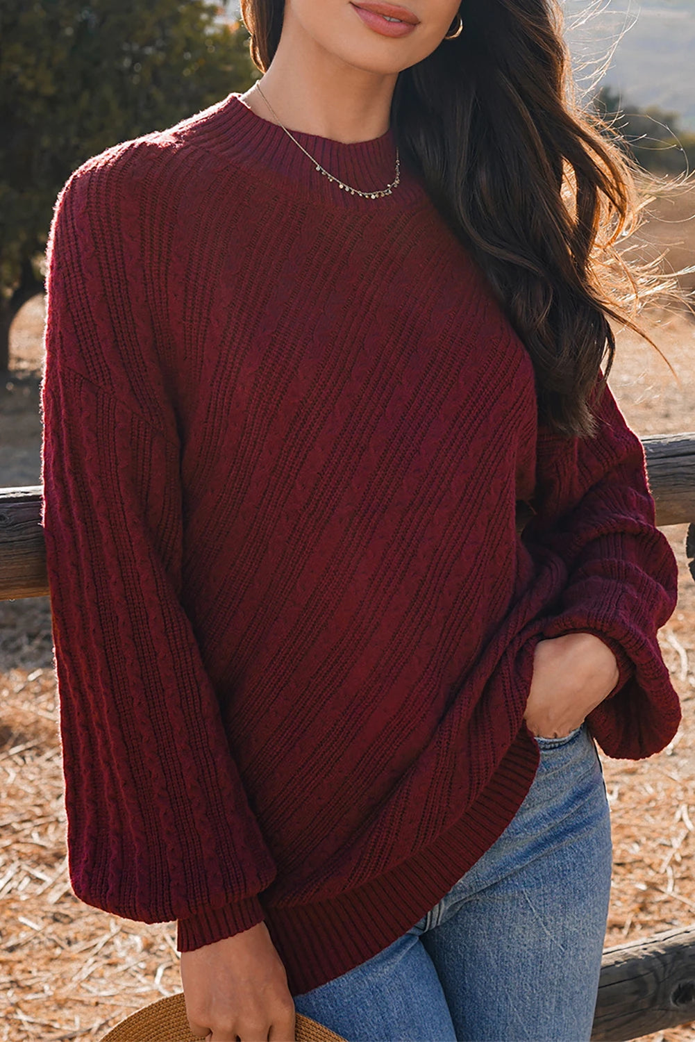 Ginger Solid Color Textured Knit High Neck Drop Shoulder Sweater