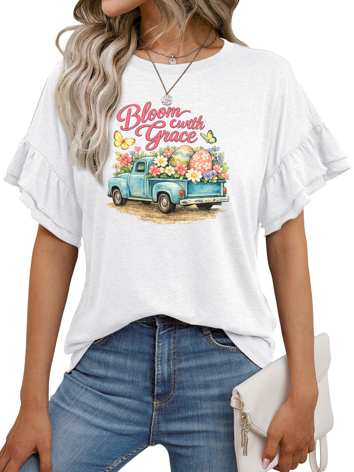 Vintage Easter Truck Graphic Ruffle Sleeve Tee