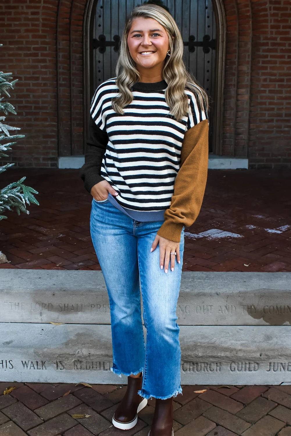 Striped Panels Colorblock Sleeve Chic Sweater