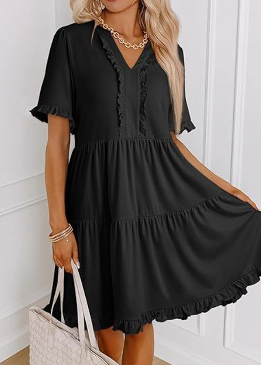 Green V Neck Ruffle Trim A Line Tiered Mini Dress