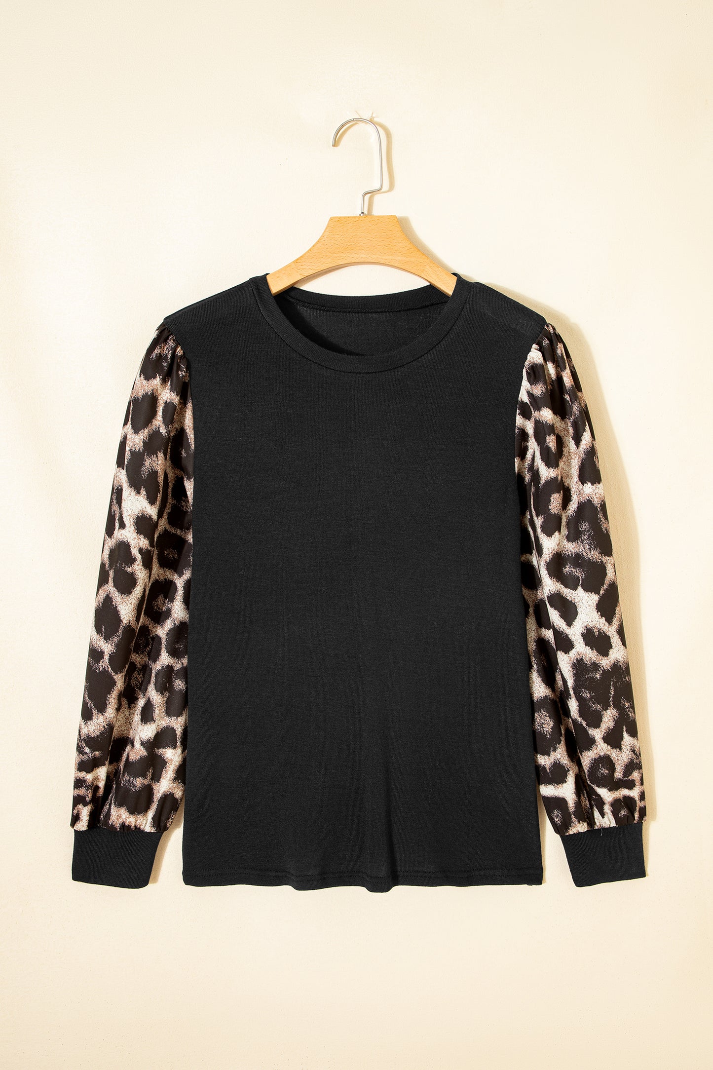 Khaki Leopard Puff Sleeve Patchwork Top