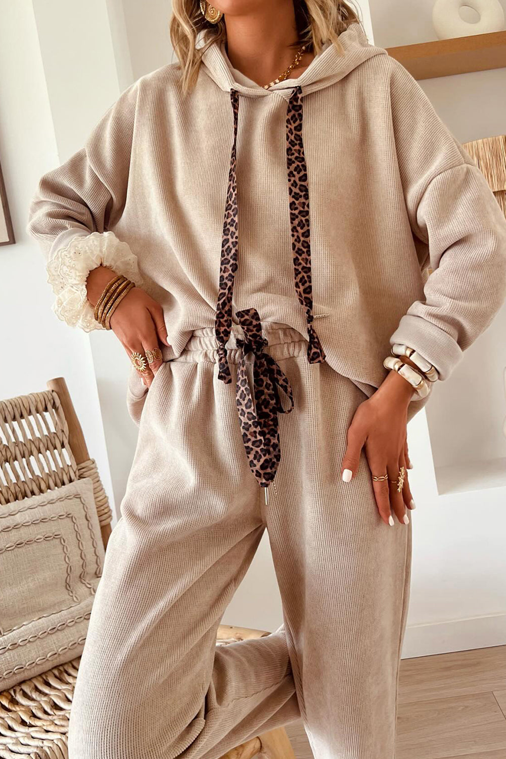Casual Lace Drawstring Pullover Hoodie and High Waist Pants Corduroy Suit