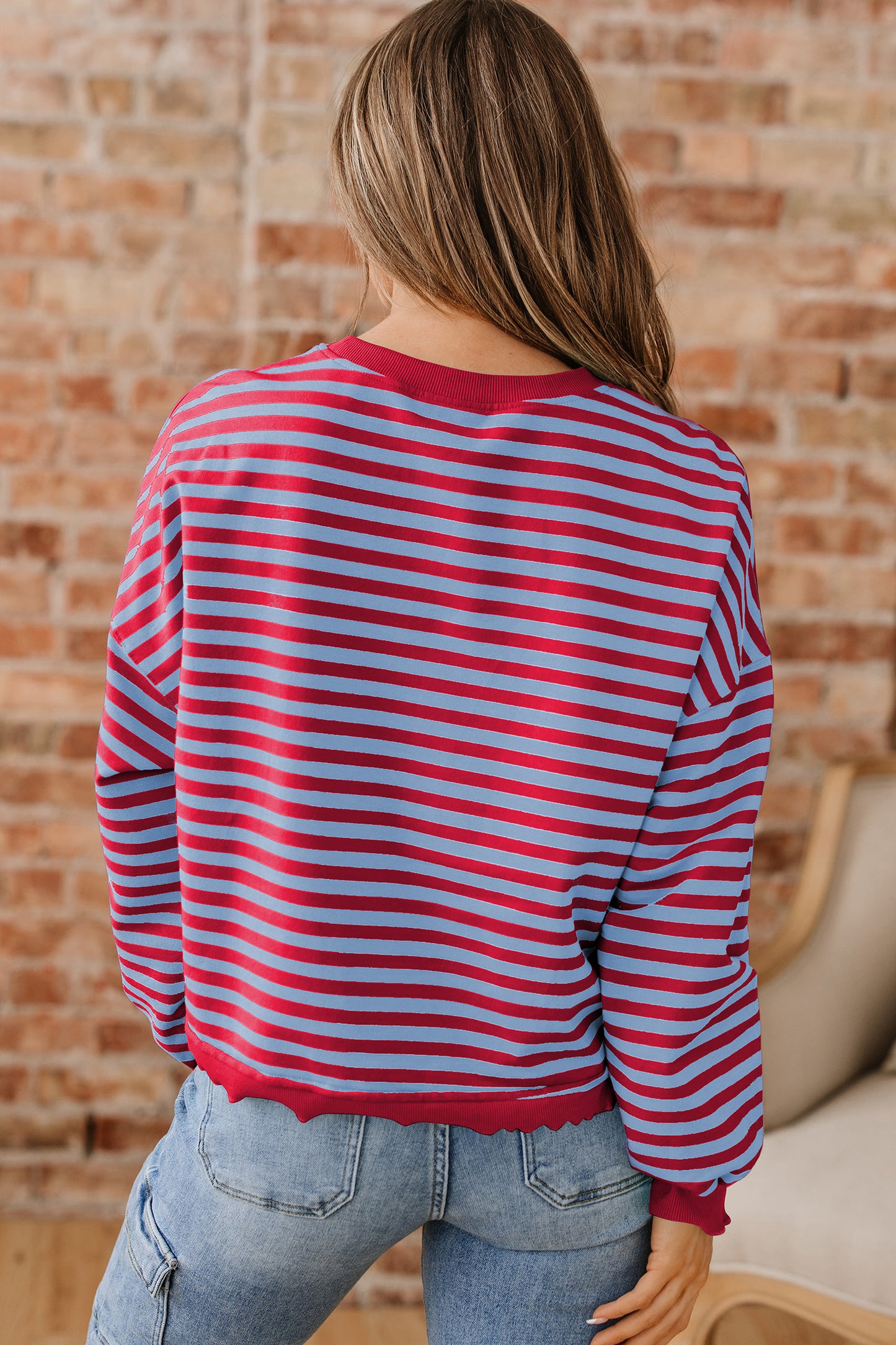Green Stripe Exposed Seam Contrast Ribbed Trim Oversize Sweatshirt