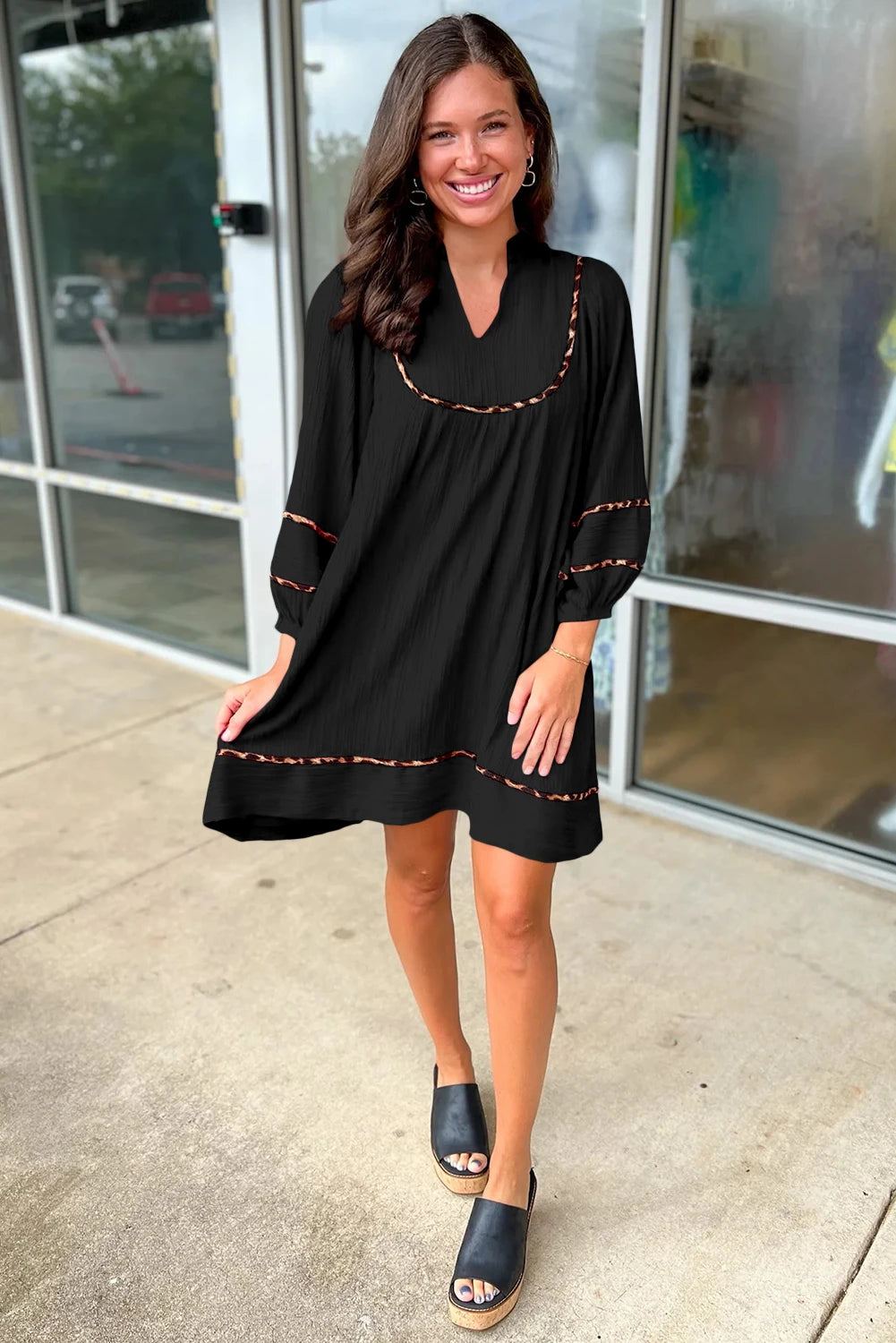 Fiery Red Textured V Neck Leopard Contrasted Trim Long Sleeve Shift Mini Dress