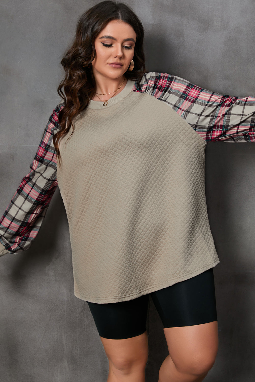 Apricot Quilted Buttoned Neckline Stand Neck Pullover Sweatshirt