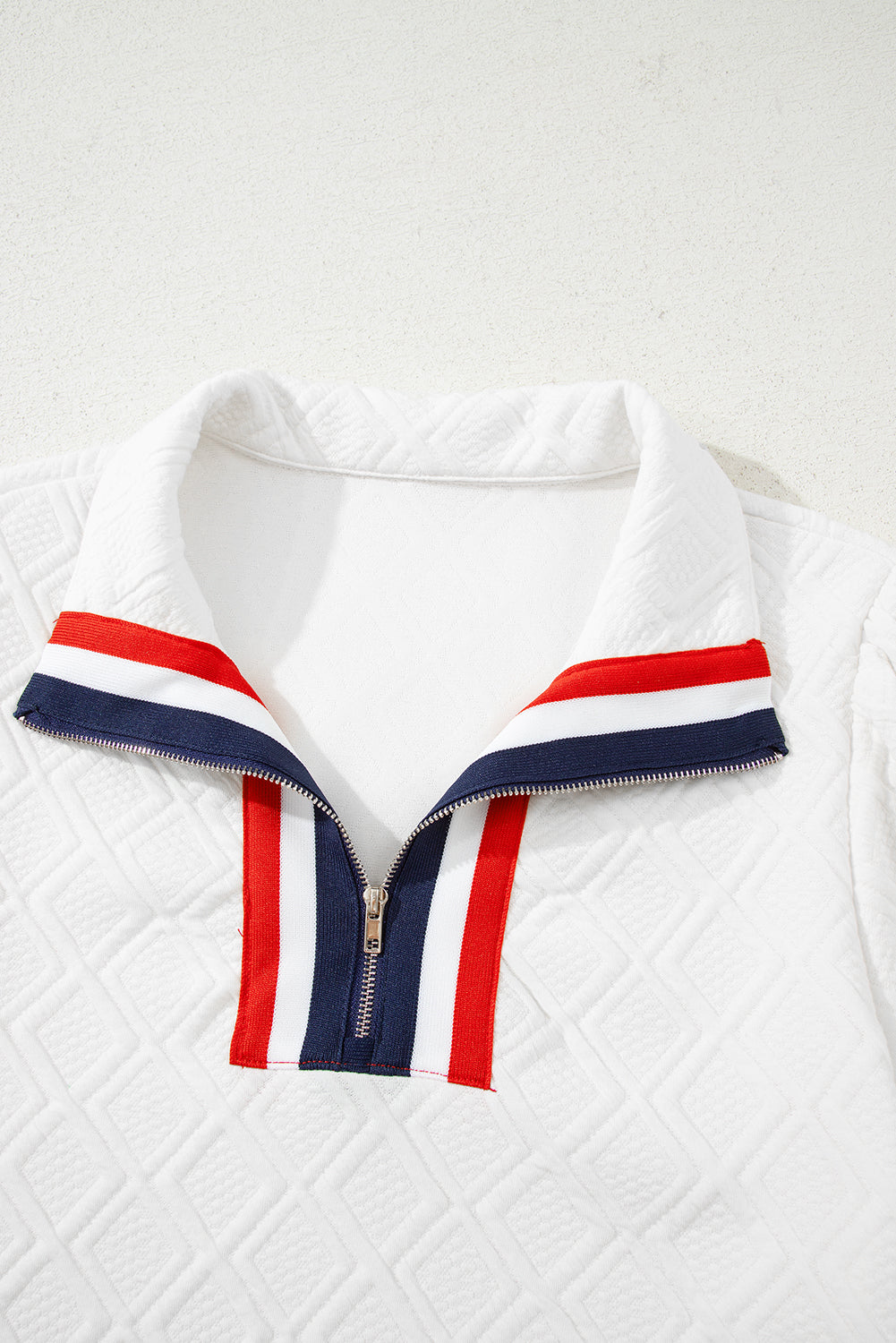 White Textured Jacquard Colorblock Edge Puff Sleeve Quarter Zip Mini Dress