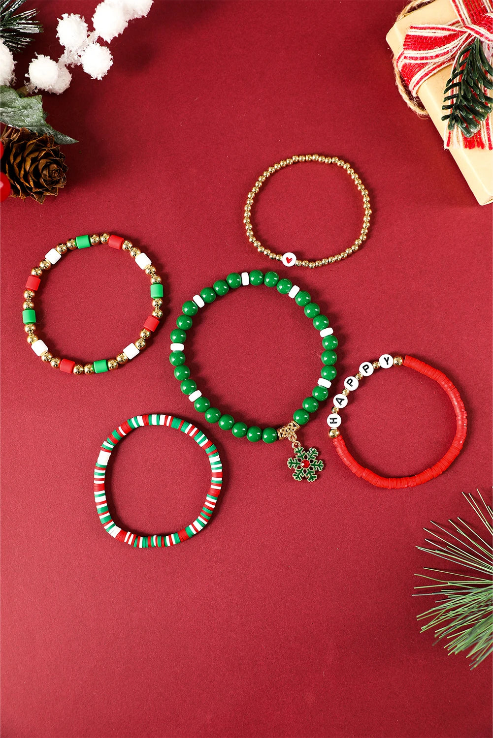Gold Plated Multi Beading Christmas Snowflake 5pcs Bracelet Set