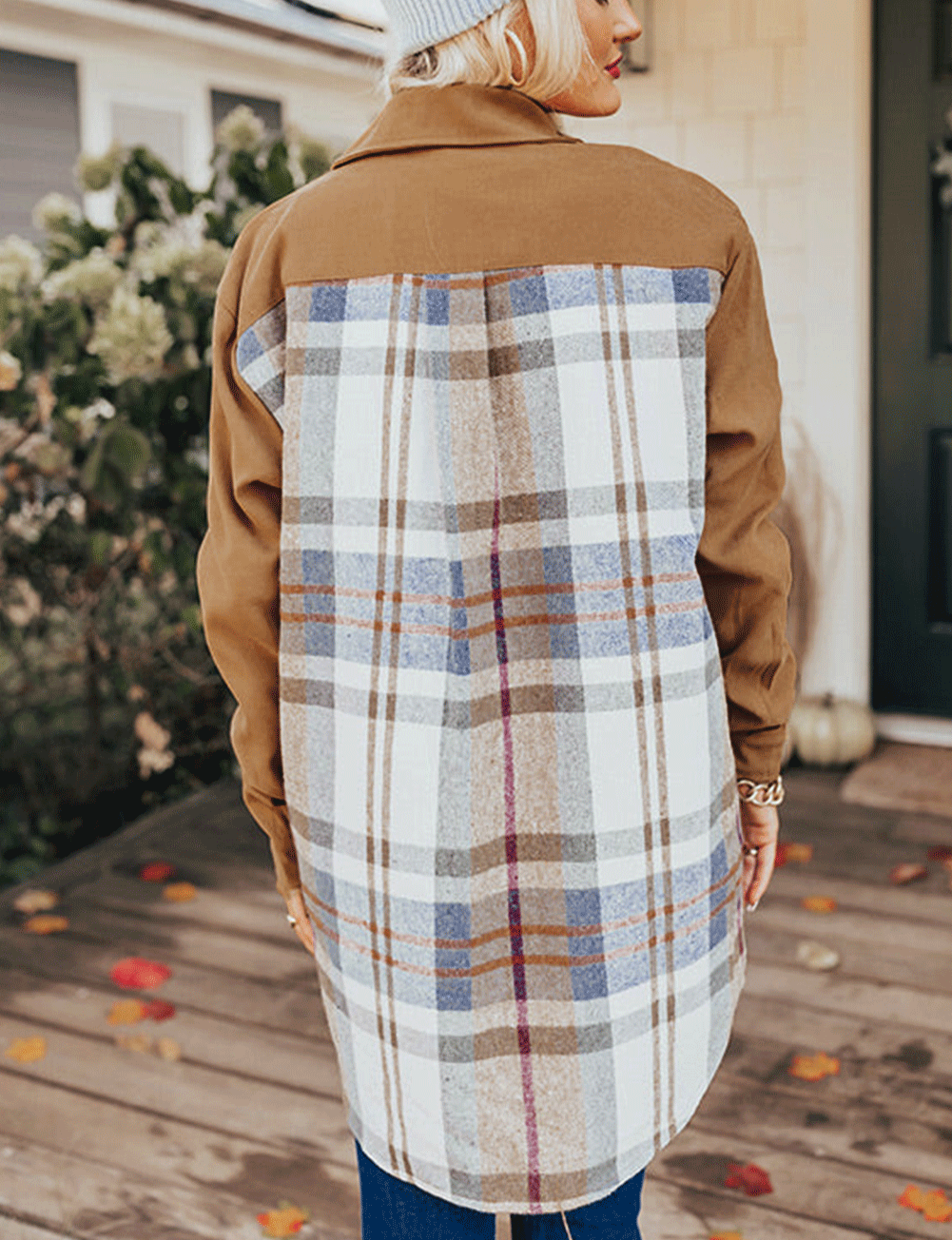 Khaki Plaid Patchwork Long Sleeve Shirt Mini Dress