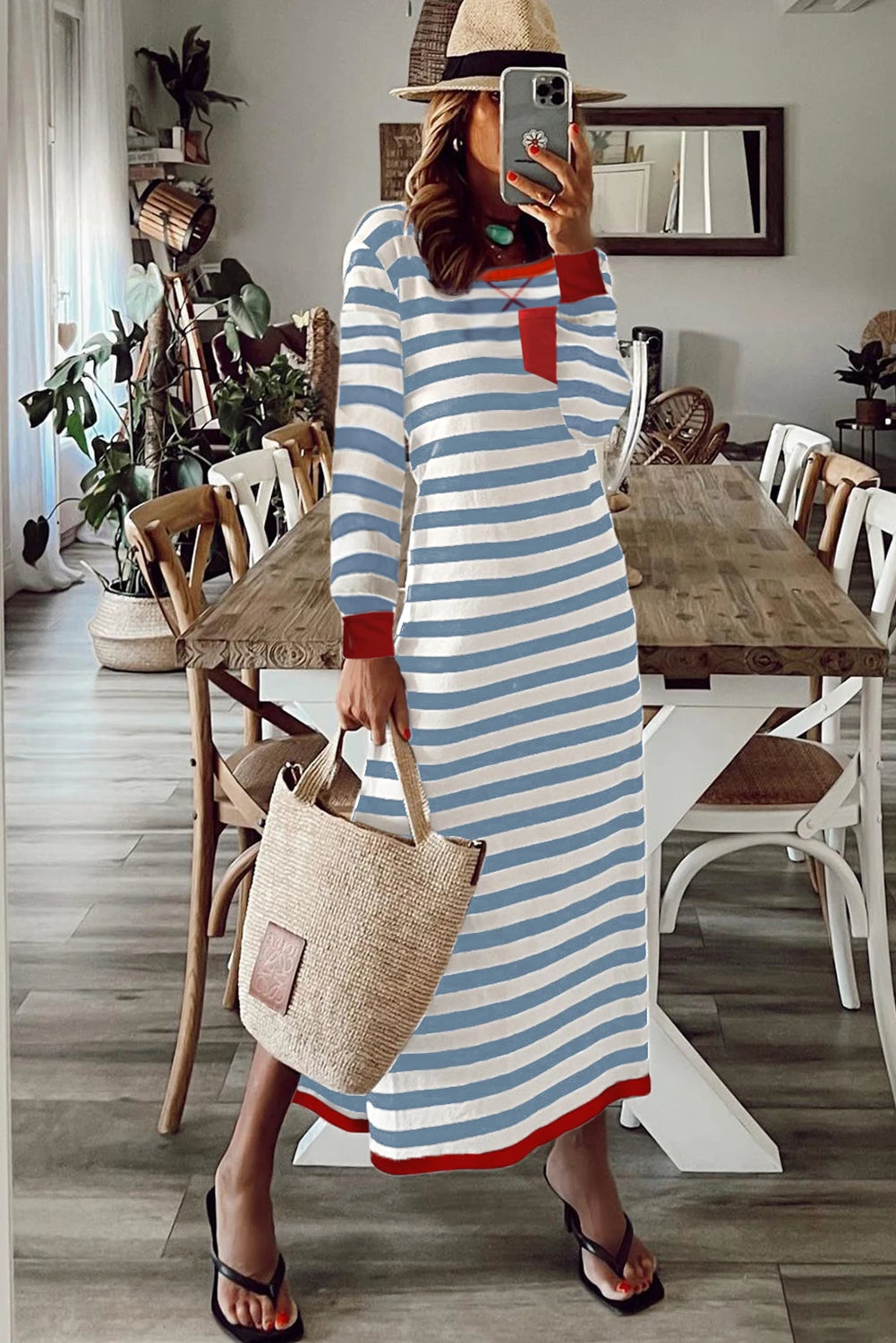 Striped Print Contrast Edge Long Sleeve Midi Dress with Side Splits