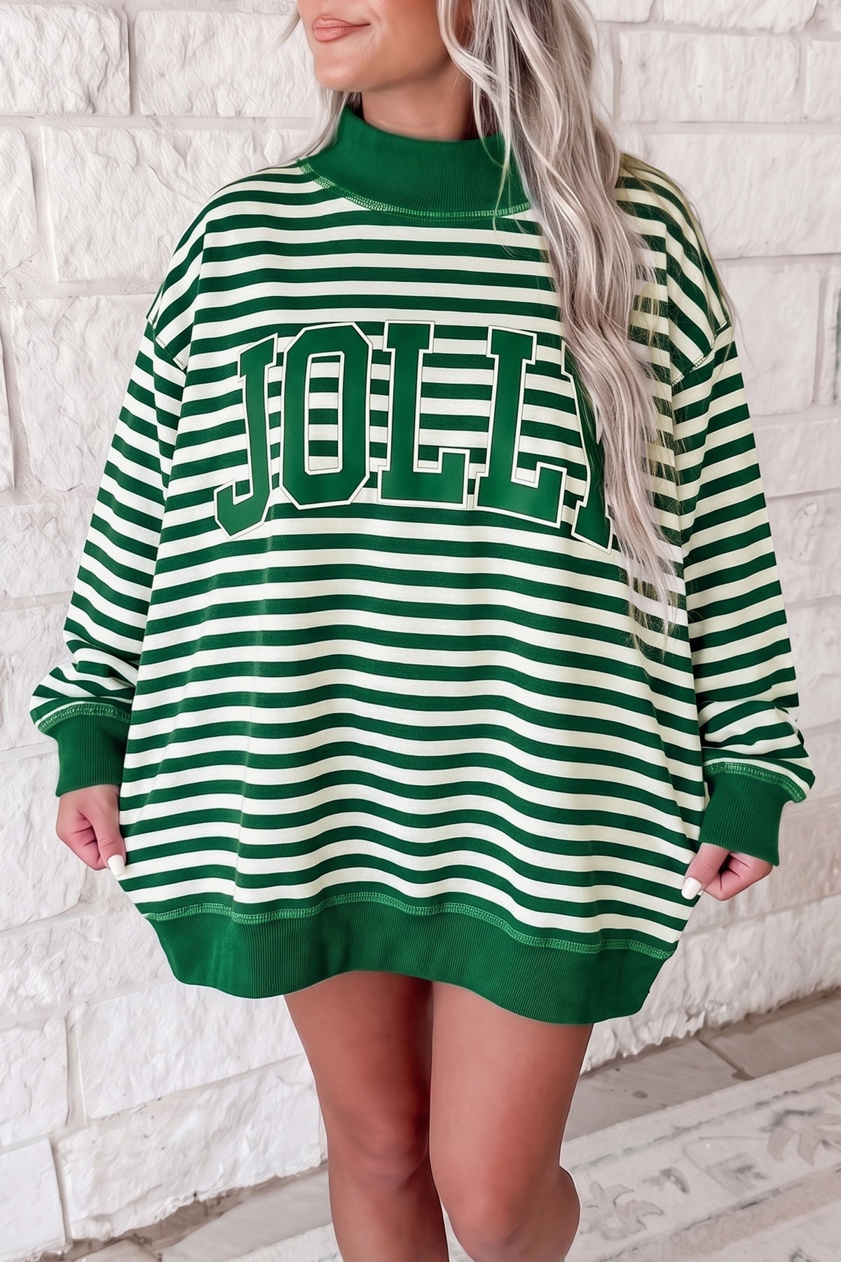 Red Stripe Christmas Slogan Embroidery Patched Mock Neck Oversized Sweatshirt