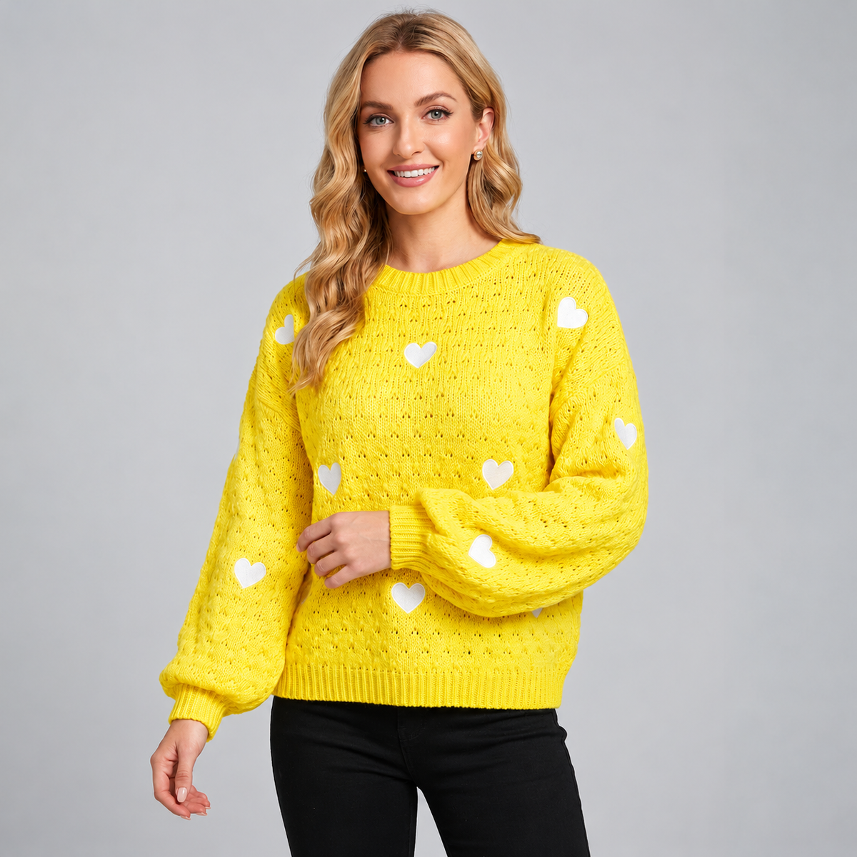 Women's Oversized Heart Cable Knit Crew Neck Sweater