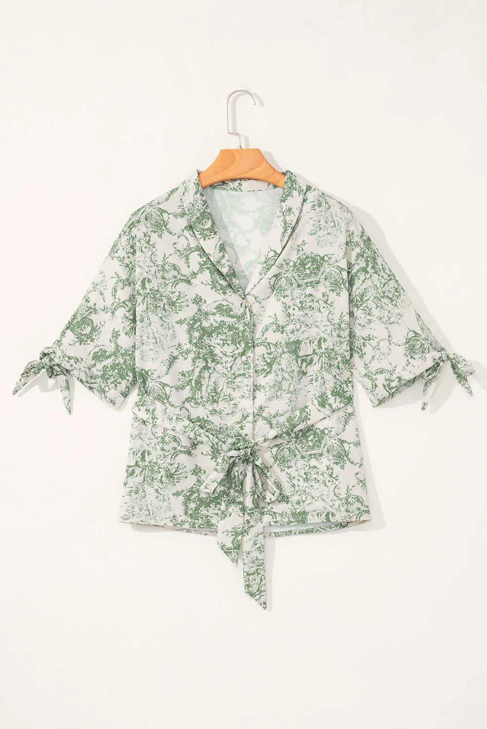 Green Landscape Print Tied 3/4 Sleeve Shirt with Sash