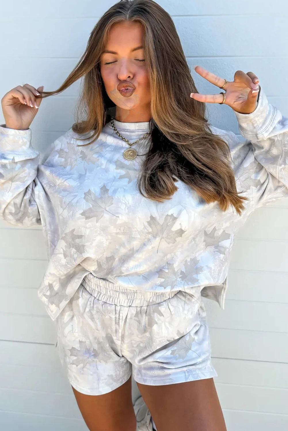 Beige Camo Print Pullover Top and Elastic Waist Casual Short Set