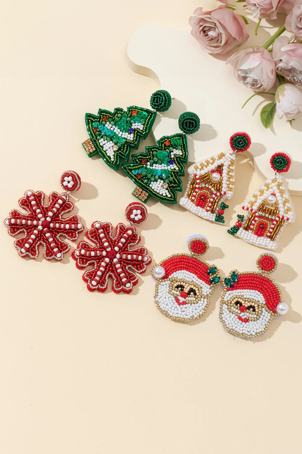 Gold Pearl Gemstone Embellished Beading Santa Claus Earrings