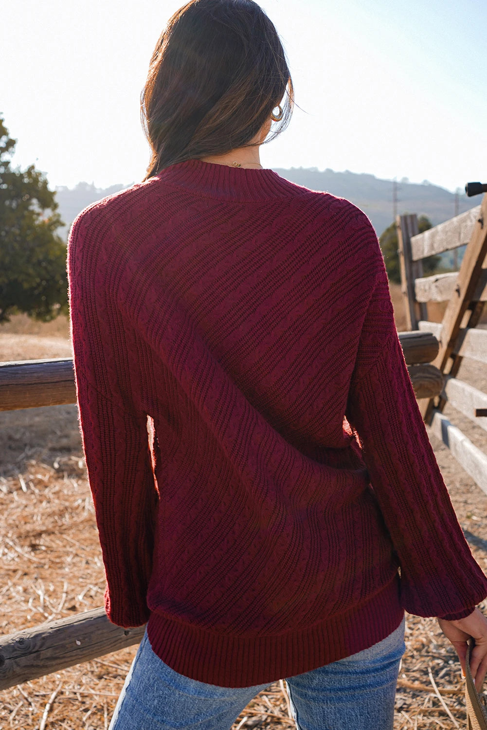Ginger Solid Color Textured Knit High Neck Drop Shoulder Sweater