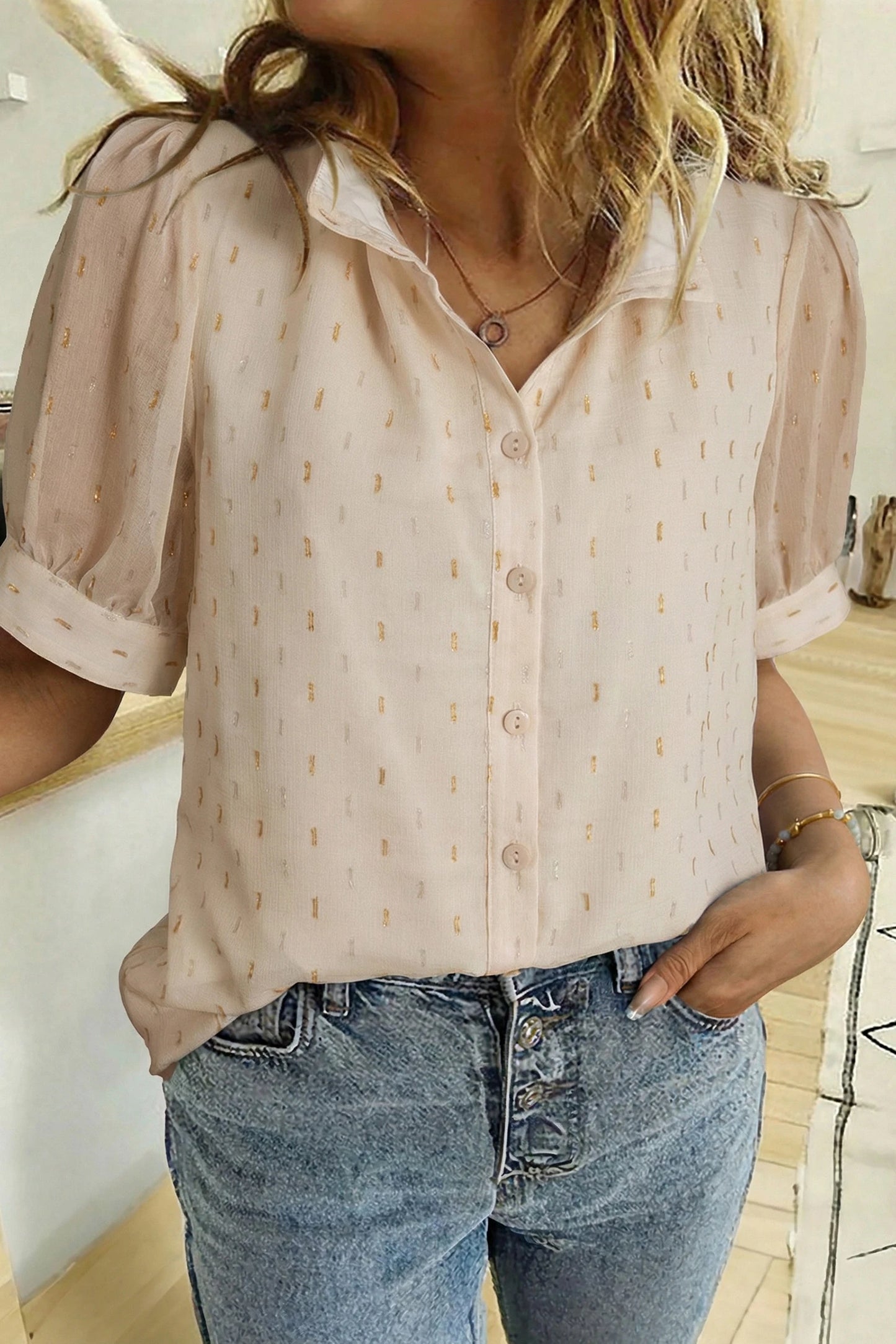 Yellow Cream Metallic Jacquard Short Sleeve Shirt