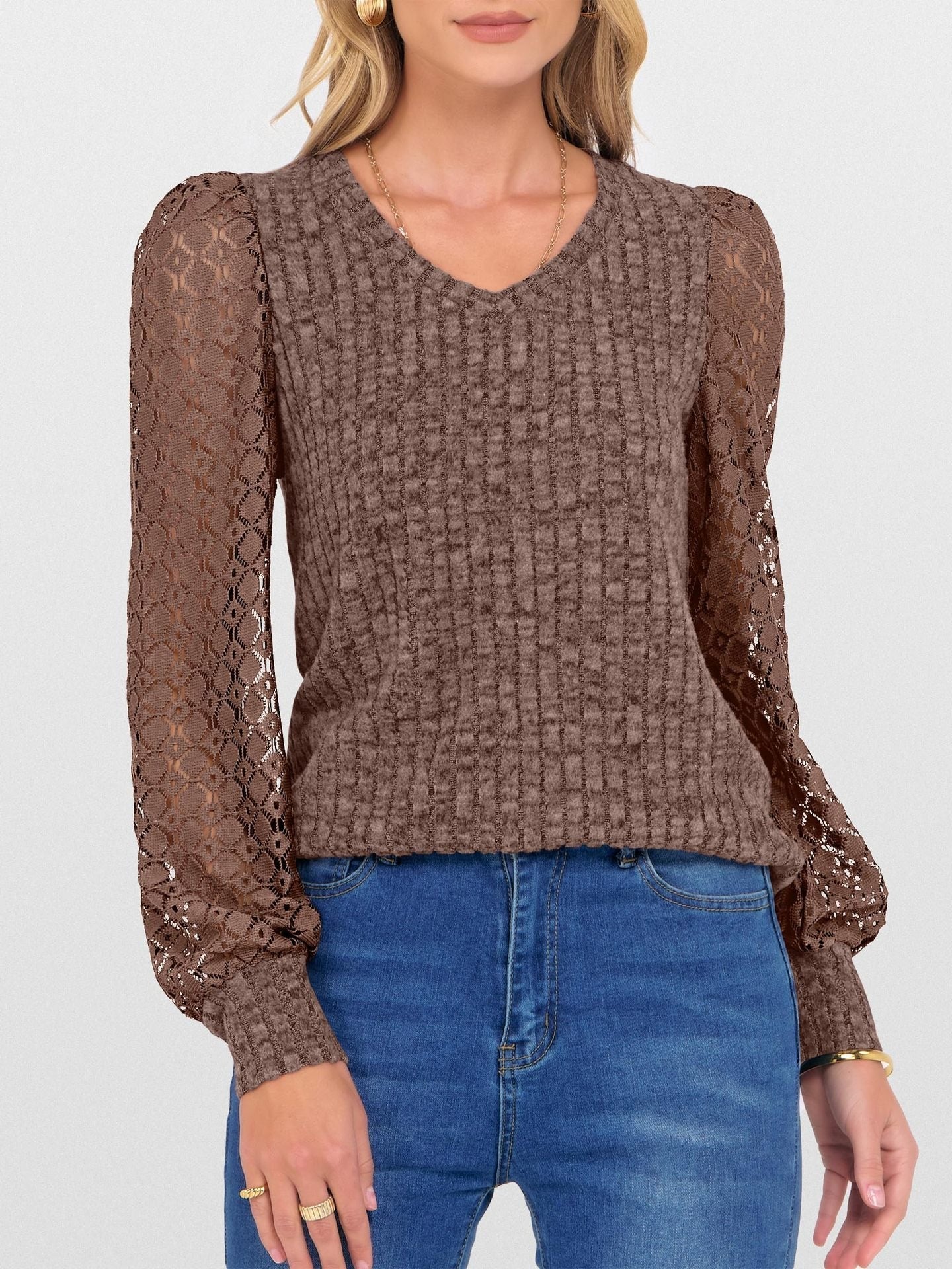 V-Neck Knit Top with Lace Puff Long Sleeves