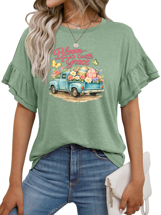 Vintage Easter Truck Graphic Ruffle Sleeve Tee