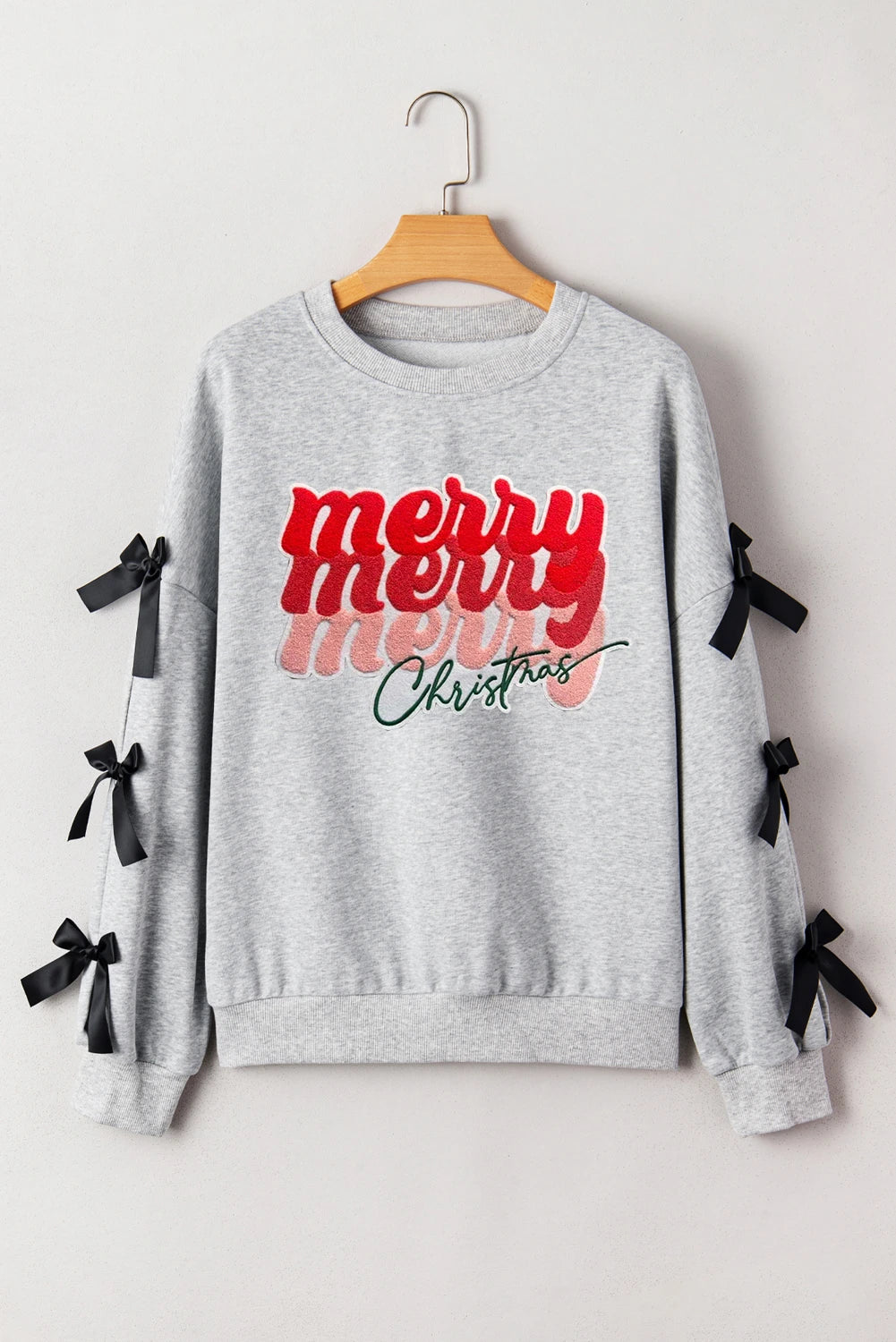 Merry Christmas Letter Graphic Ribbon Bow Split Sleeve Baggy Sweatshirt