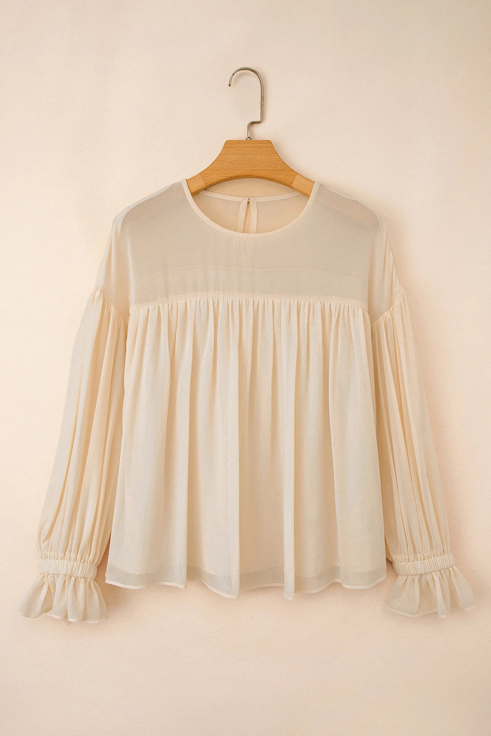Parchment Pleated Ruffle Long Sleeve Chiffon Blouse