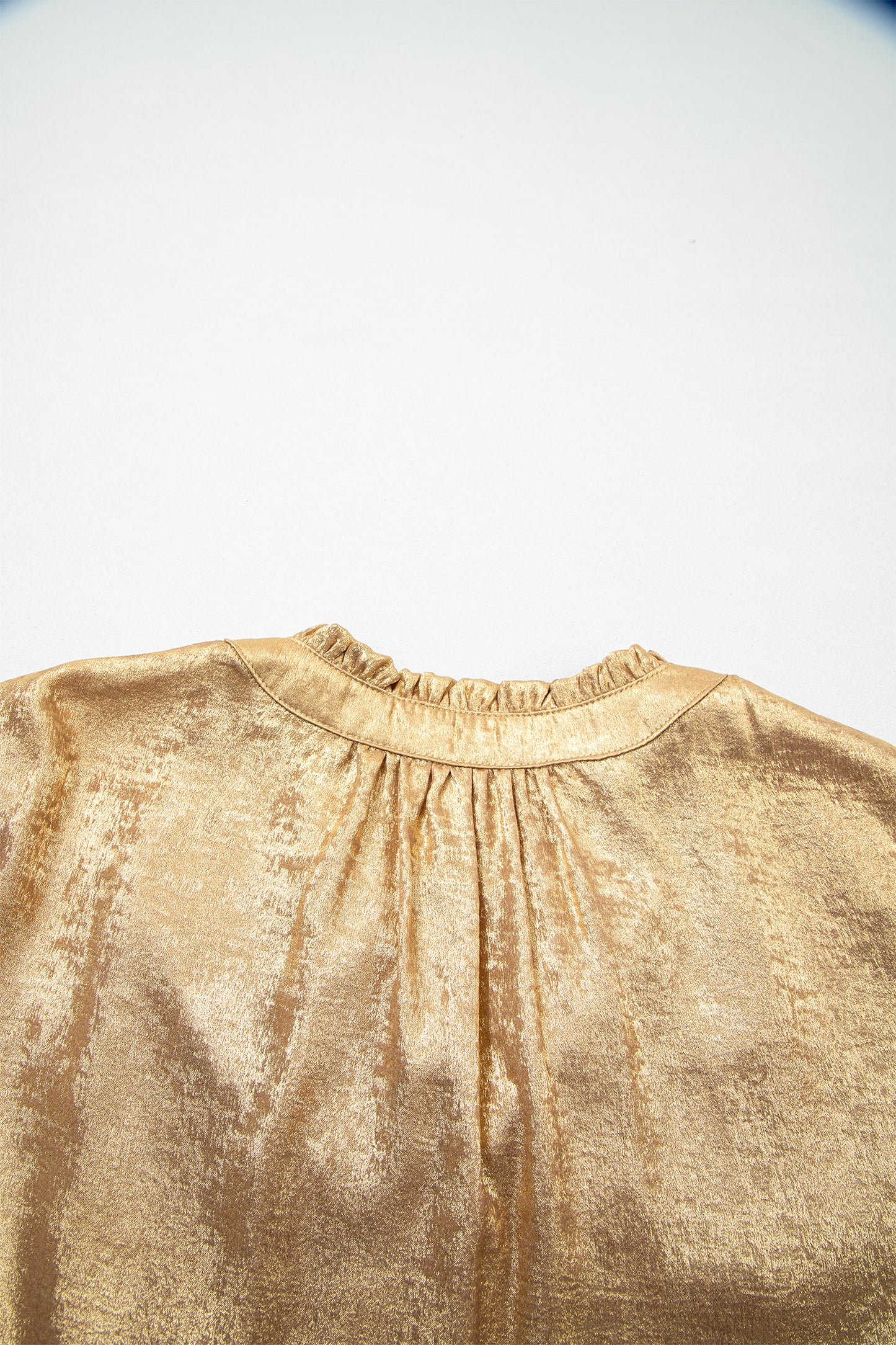 Gold Metallic Sheen V Neck Gathered Cuff Long Sleeve Blouse