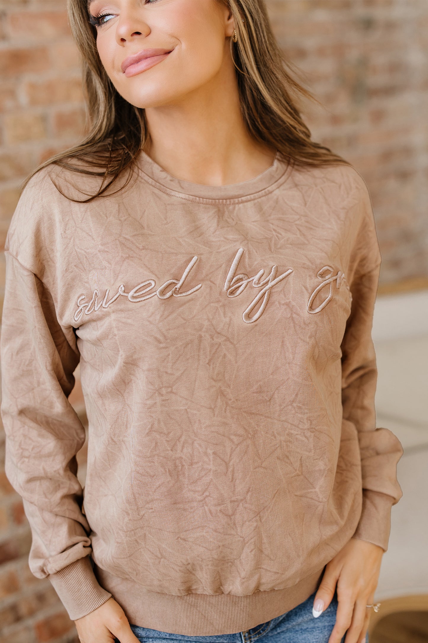 Saved by grace Letter Embroidery Mineral Wash Loose Sweatshirt