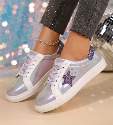 Silvery Star Sequin Patchwork Criss Cross Casual Shoes