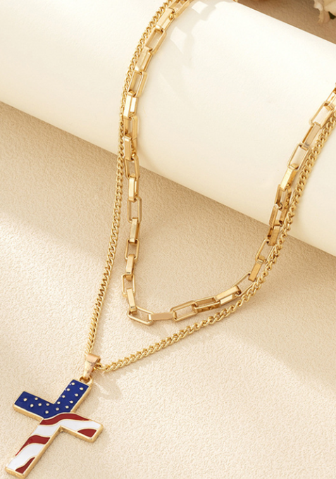 Gold Plated Double Chain Stars and Stripes Cross Pendent Necklace
