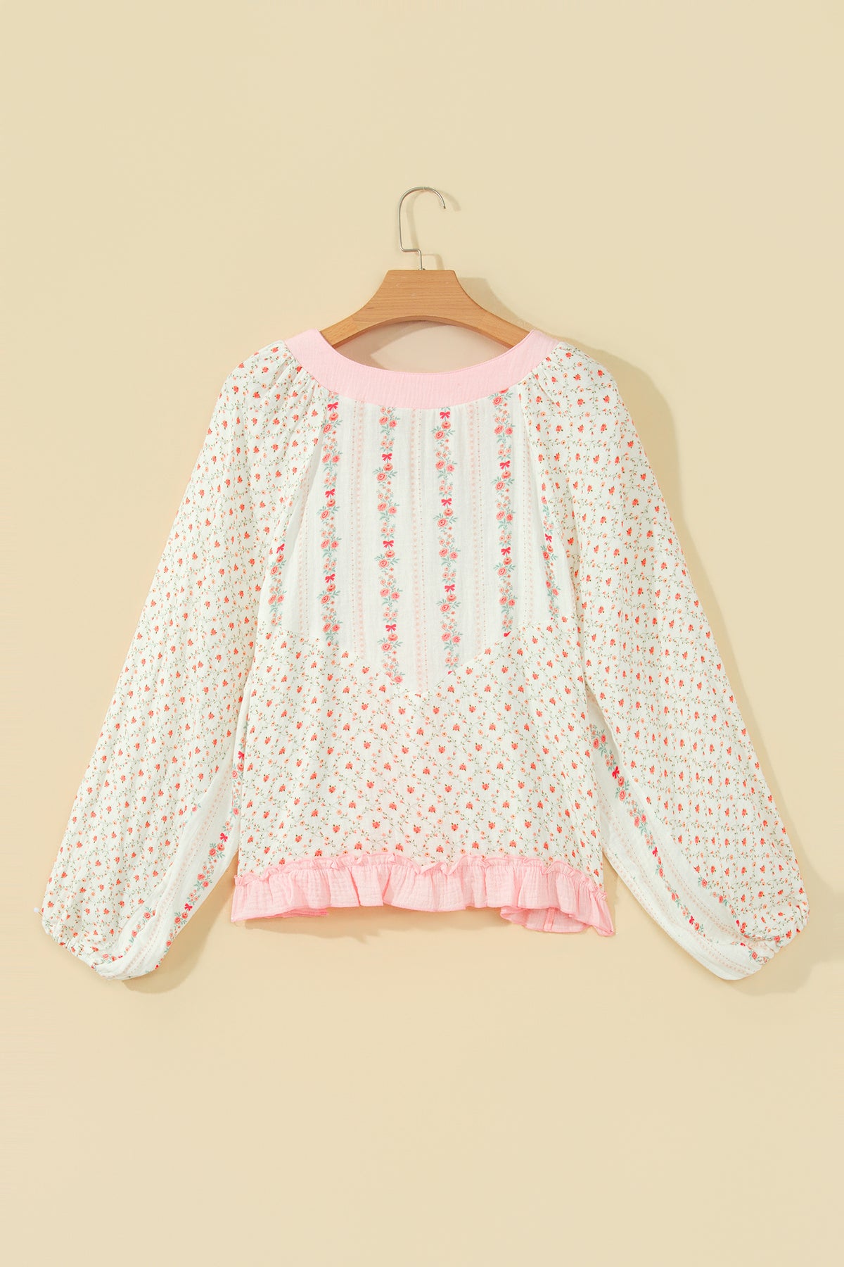 Beige Floral Print Color Block Trim Lace-up V Neck Long Sleeve Blouse