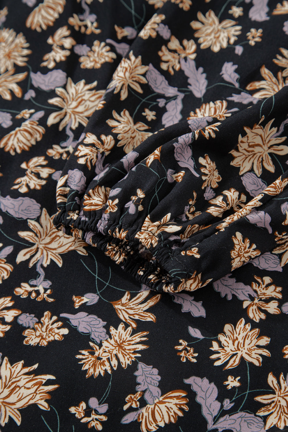 Beige Floral Deep V Neck Smocked Bust Bubble Sleeve Babydoll Dress