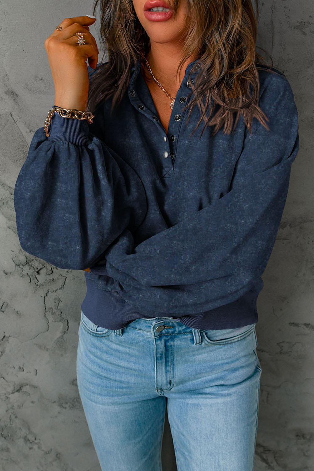 Gray Washed Snap Buttons Lantern Sleeve Pullover Sweatshirt