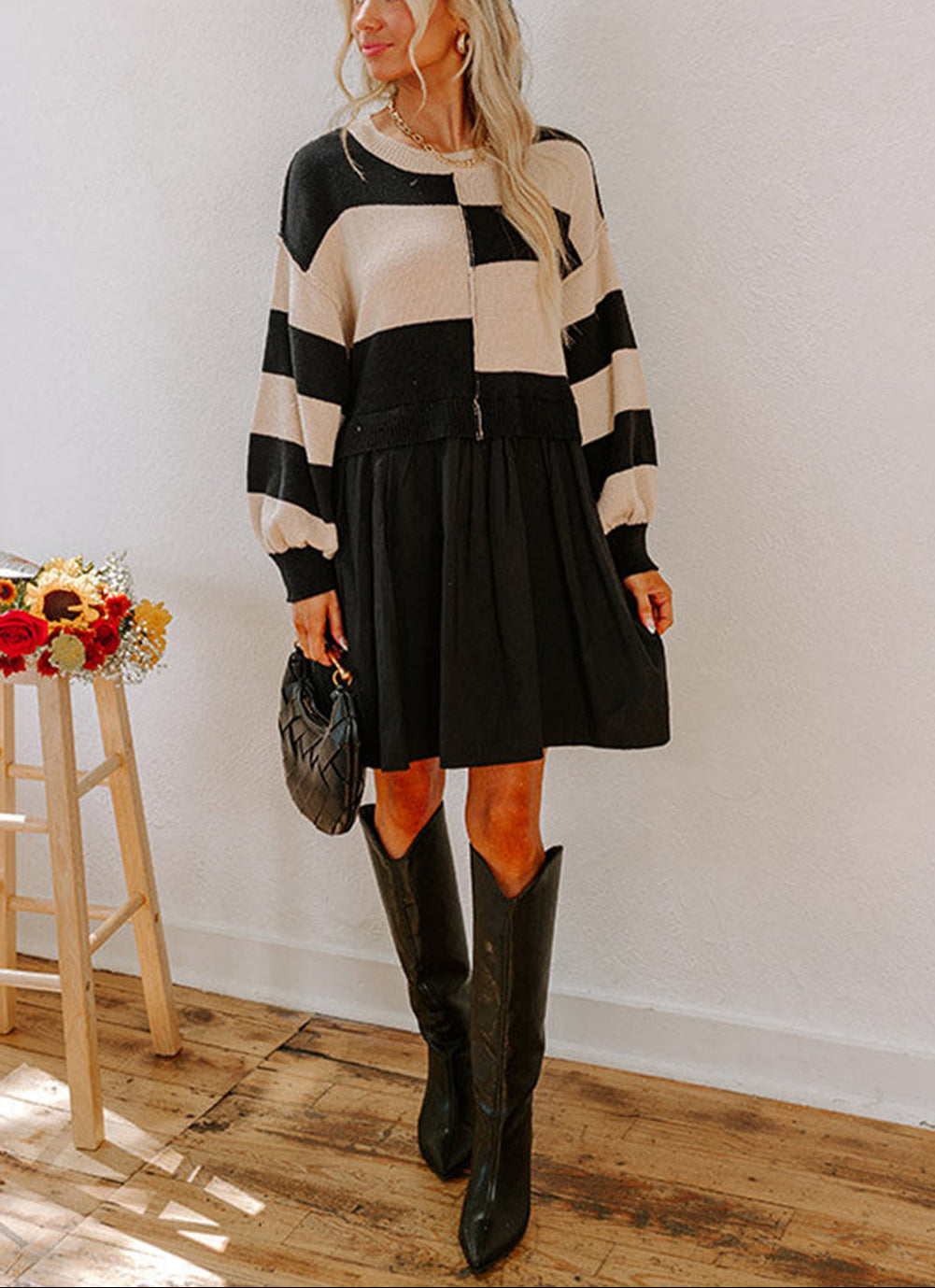Black Stripe Two in One Knitted Top High Waist Splicing Hem Sweater Dress