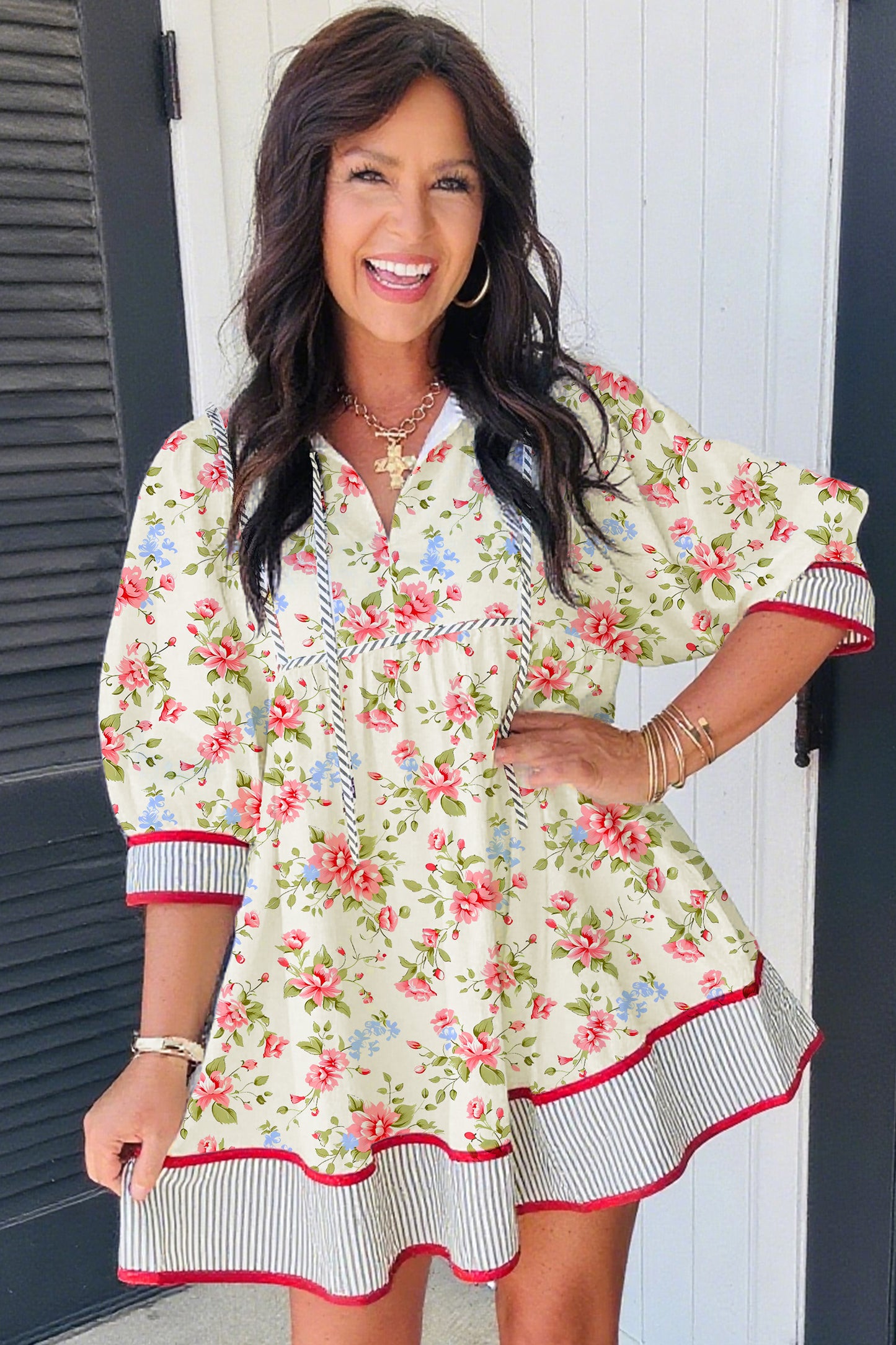 Apricot Striped Edge 3/4 Puff Sleeve Floral Dress