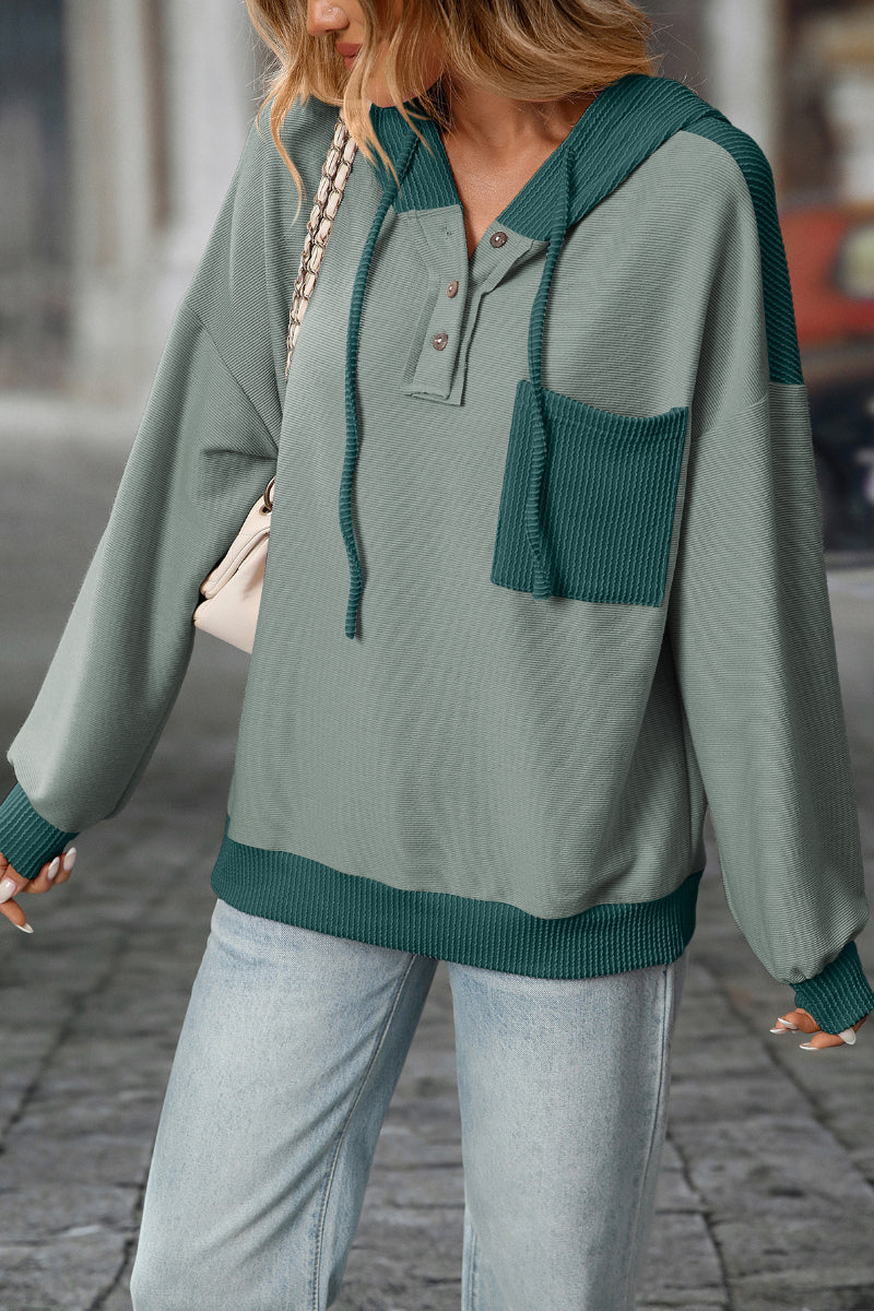 Colorblock Waffle Knit Drawstring Hoodie Pullover Women