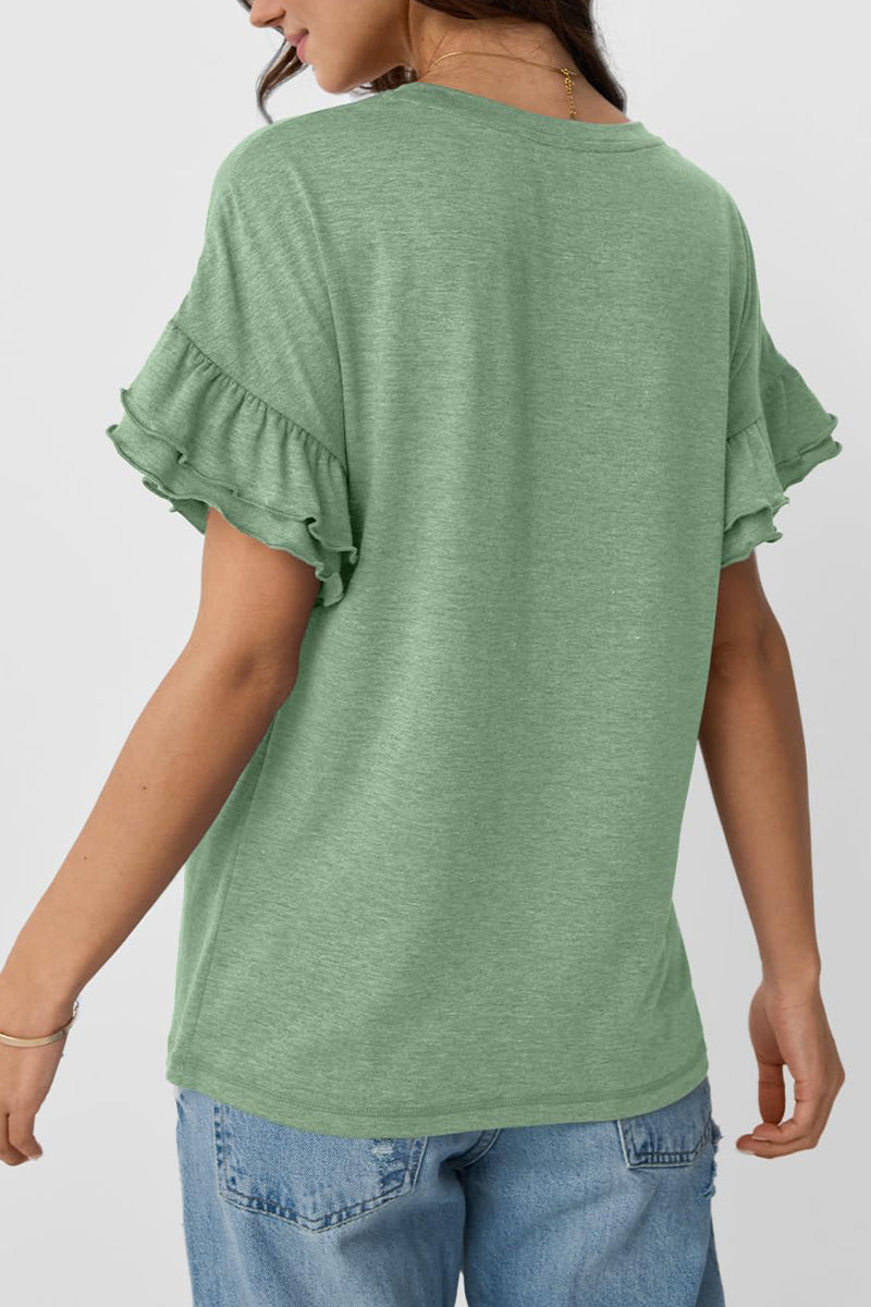 Patriotic Cotton Tee USA Graphic Ruffle Sleeve Top