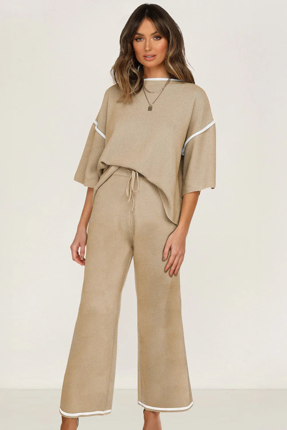 Camel Contrast Trim Half Sleeve Top Drawstring Pants Loose 2pcs Sweater Suit