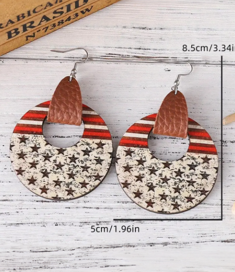 White Flag Print Round Wooden Dangle Earrings