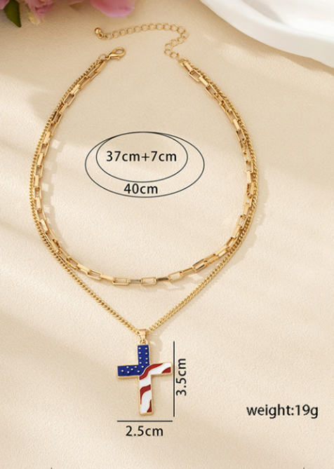 Gold Plated Double Chain Stars and Stripes Cross Pendent Necklace