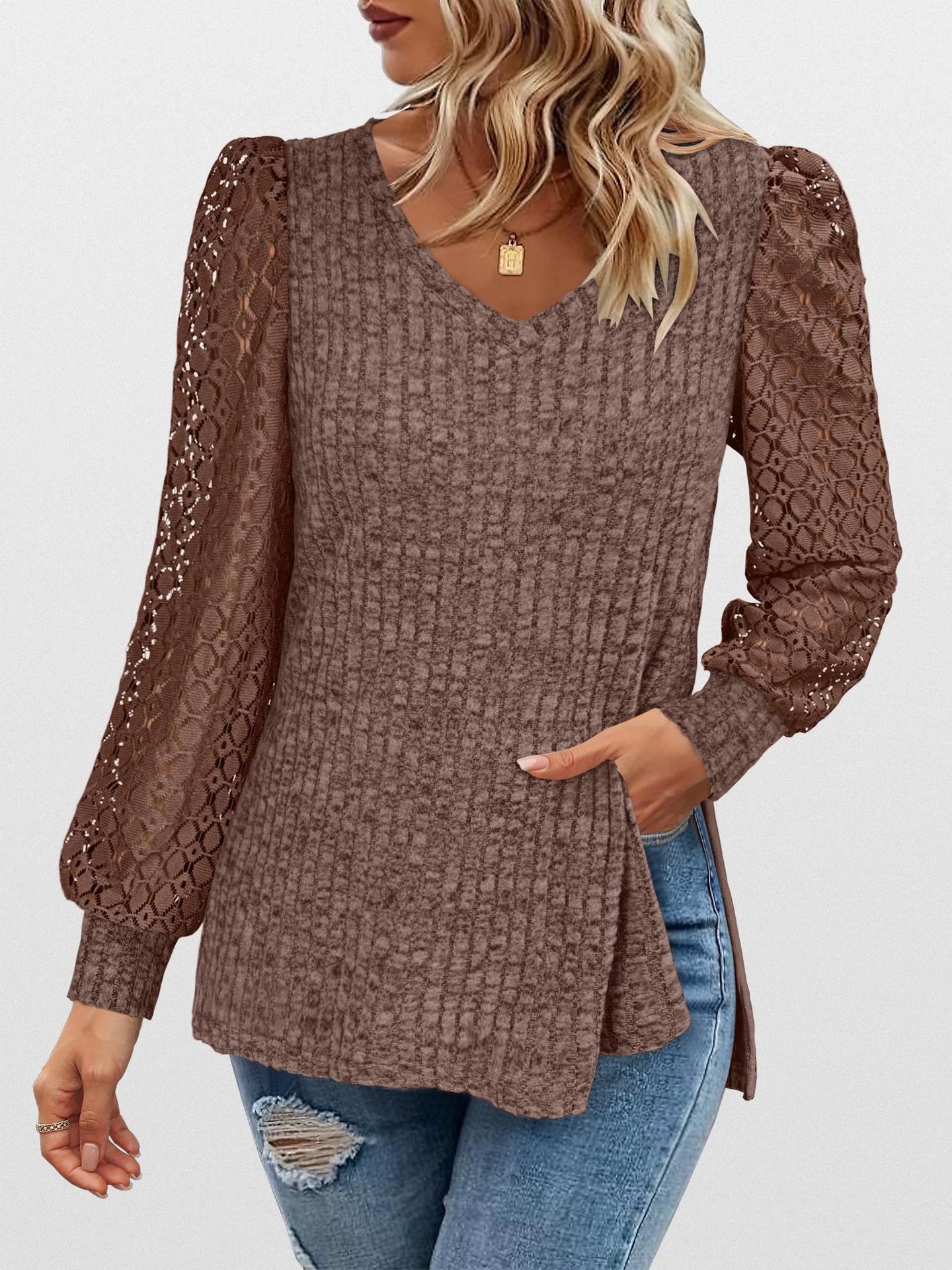 V-Neck Knit Top with Lace Puff Long Sleeves