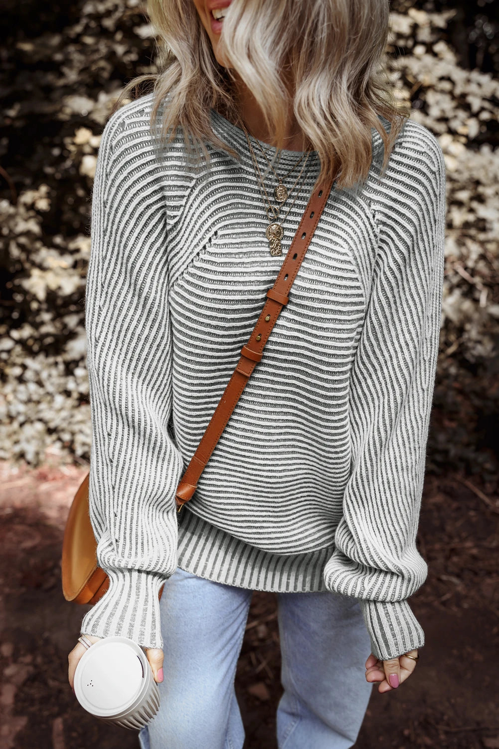 Ashleigh Blue Striped Print Ribbed Knit Boat Neck Baggy Sweater