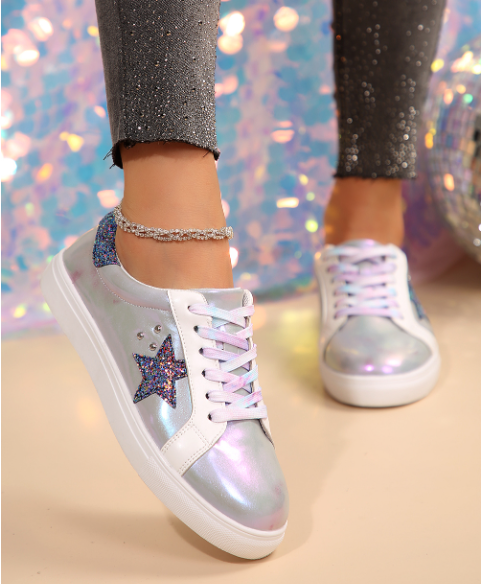 Silvery Star Sequin Patchwork Criss Cross Casual Shoes